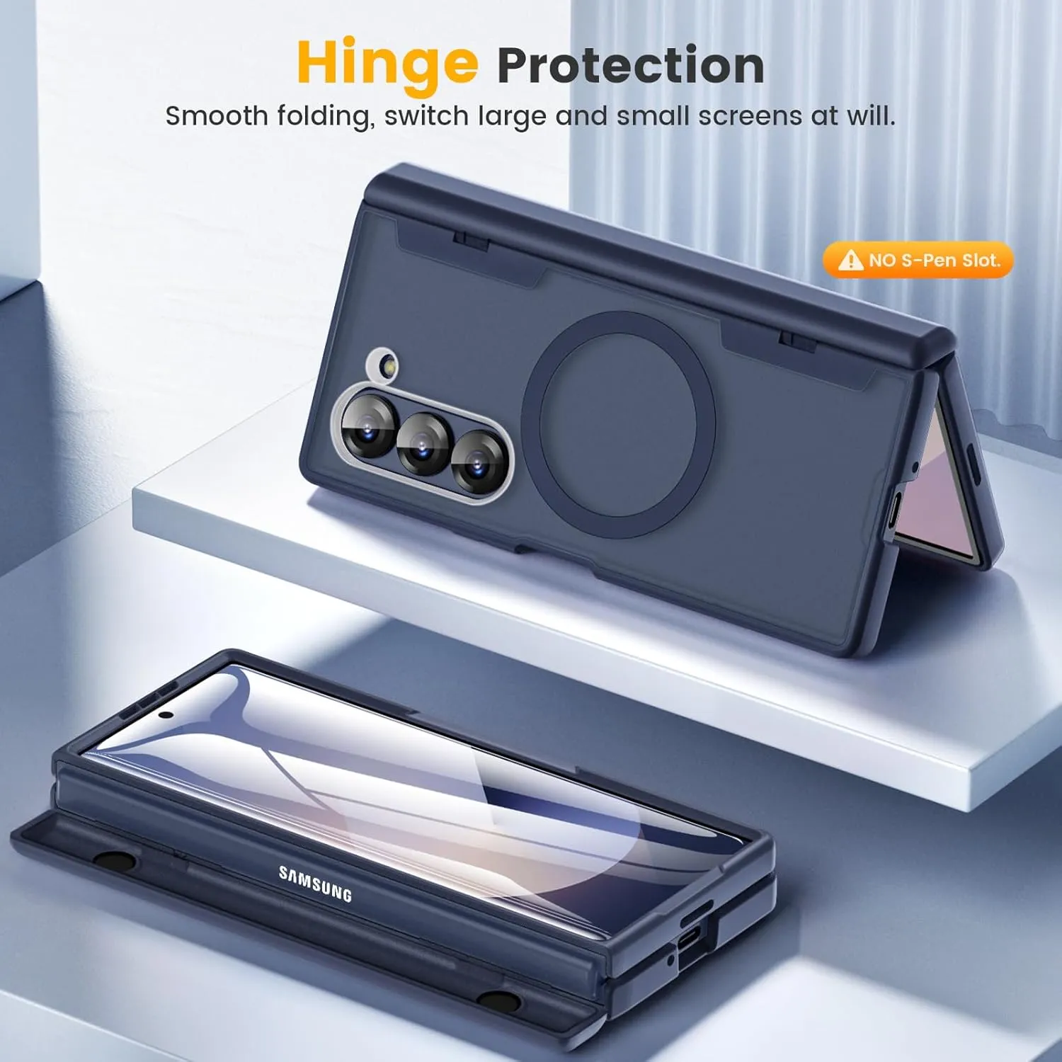 Caka for Samsung Galaxy Z Fold 6 Case [Magnetic Charging] [Hinge Protection] [Built-in HD Screen Protector] Translucent Hard Shockproof Magnet Phone Cover for Fold6 - Blue