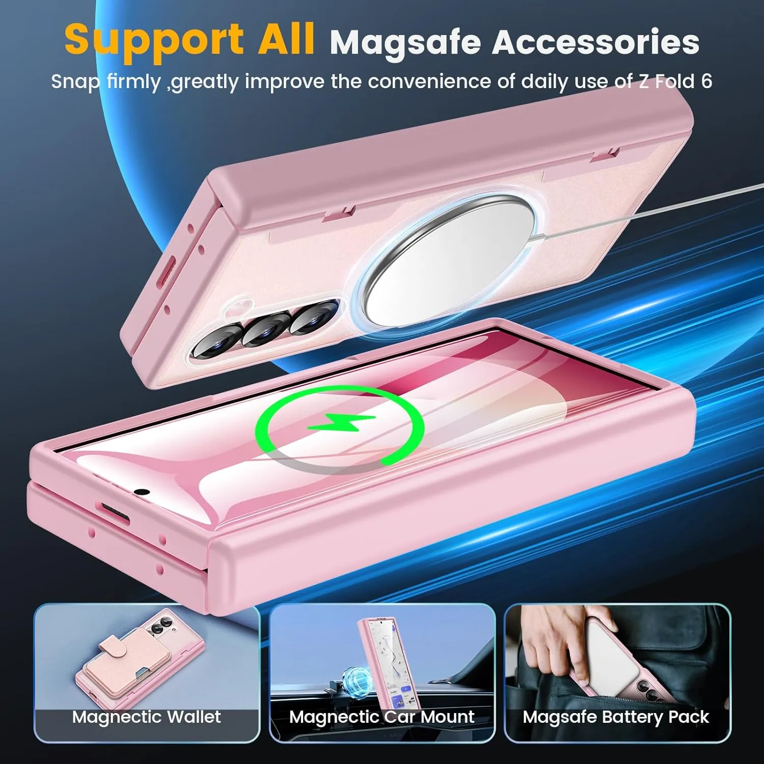 Caka for Samsung Galaxy Z Fold 6 Case [Magnetic Charging] [Hinge Protection] [Built-in HD Screen Protector] Translucent Hard Shockproof Magnet Phone Cover for Fold6 - Pink