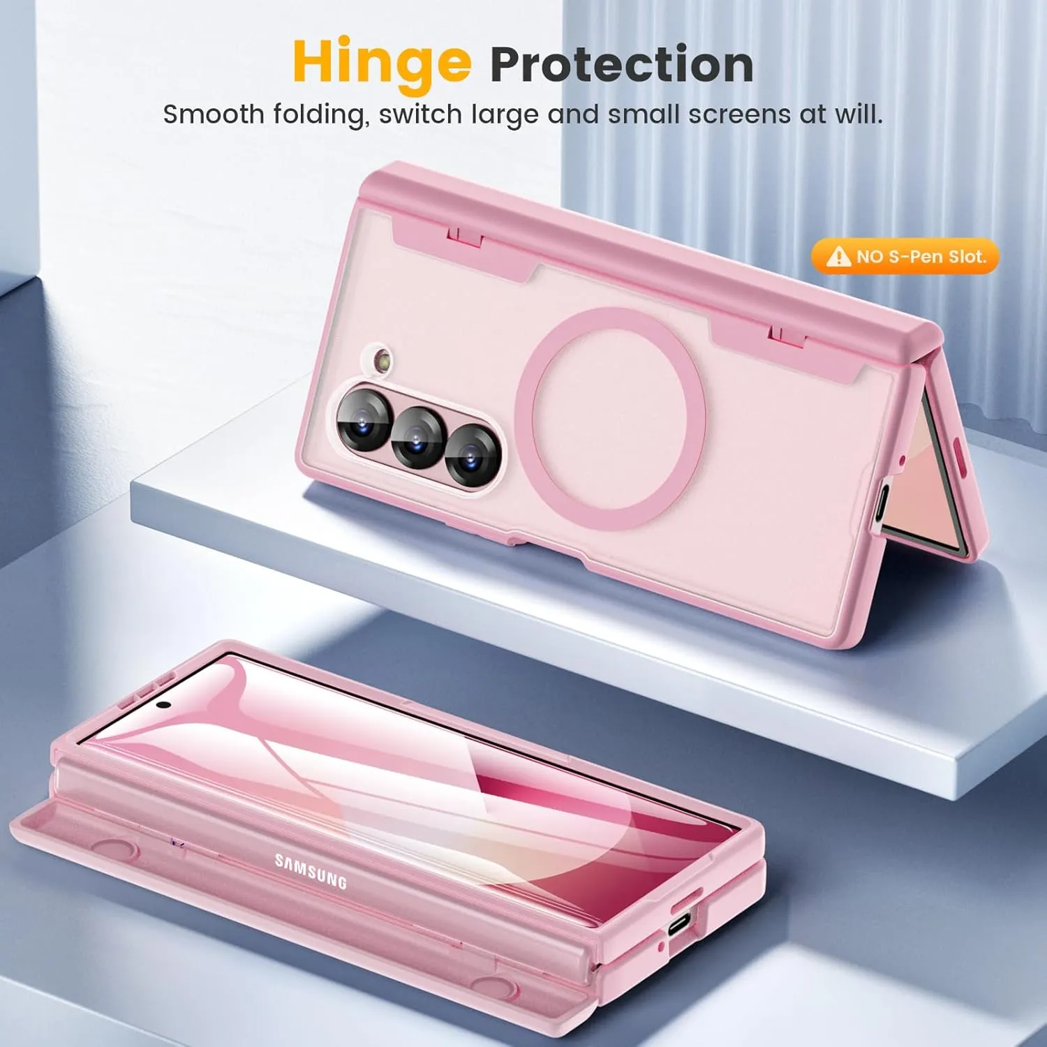 Caka for Samsung Galaxy Z Fold 6 Case [Magnetic Charging] [Hinge Protection] [Built-in HD Screen Protector] Translucent Hard Shockproof Magnet Phone Cover for Fold6 - Pink