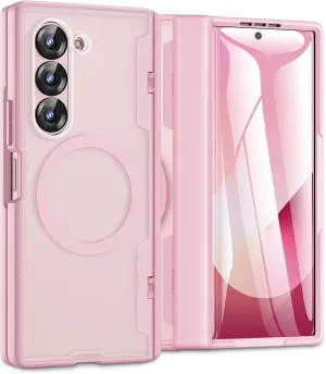 Caka for Samsung Galaxy Z Fold 6 Case [Magnetic Charging] [Hinge Protection] [Built-in HD Screen Protector] Translucent Hard Shockproof Magnet Phone Cover for Fold6 - Pink