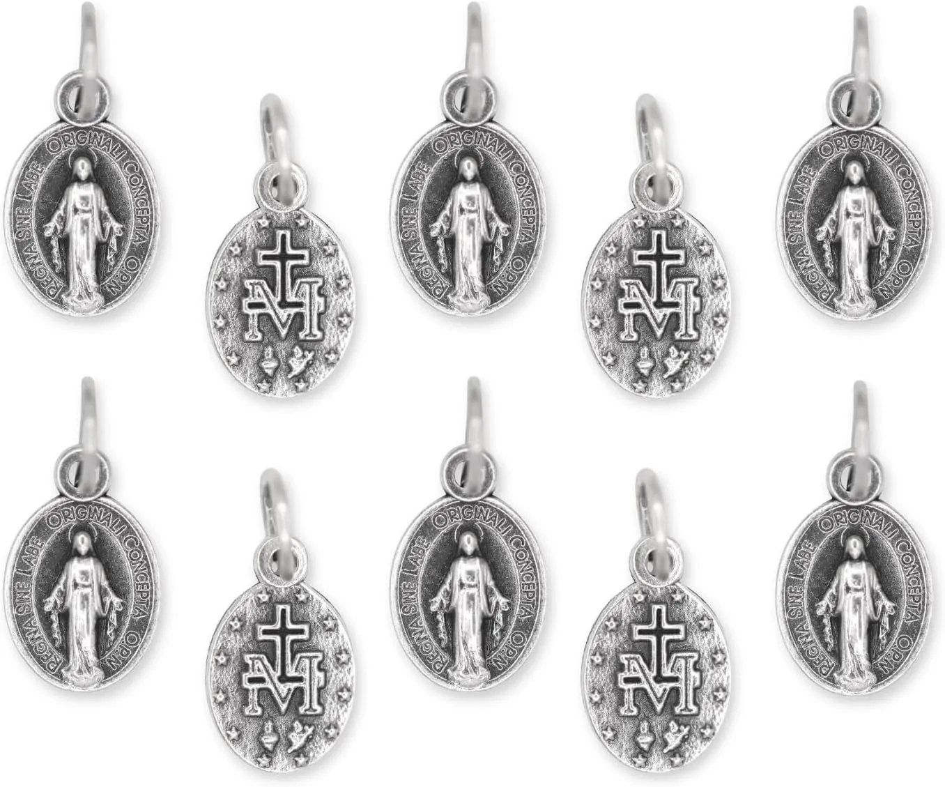 Caritas et Fides Pack of 10 - Mini Miraculous Medal Pendant for Charm Bracelet -1/2 Inch Silver Oxidized Small Latin Miraculous Medals for Jewelry Making Catholic - Made in Italy