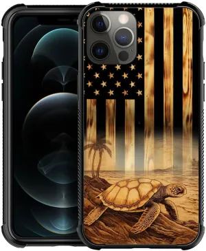 Case Compatible with iPhone 13 Pro Max,Cases for Women Girl,Shockproof Anti-Scratch Cover,Wood Grain American Flag Beach Turtle