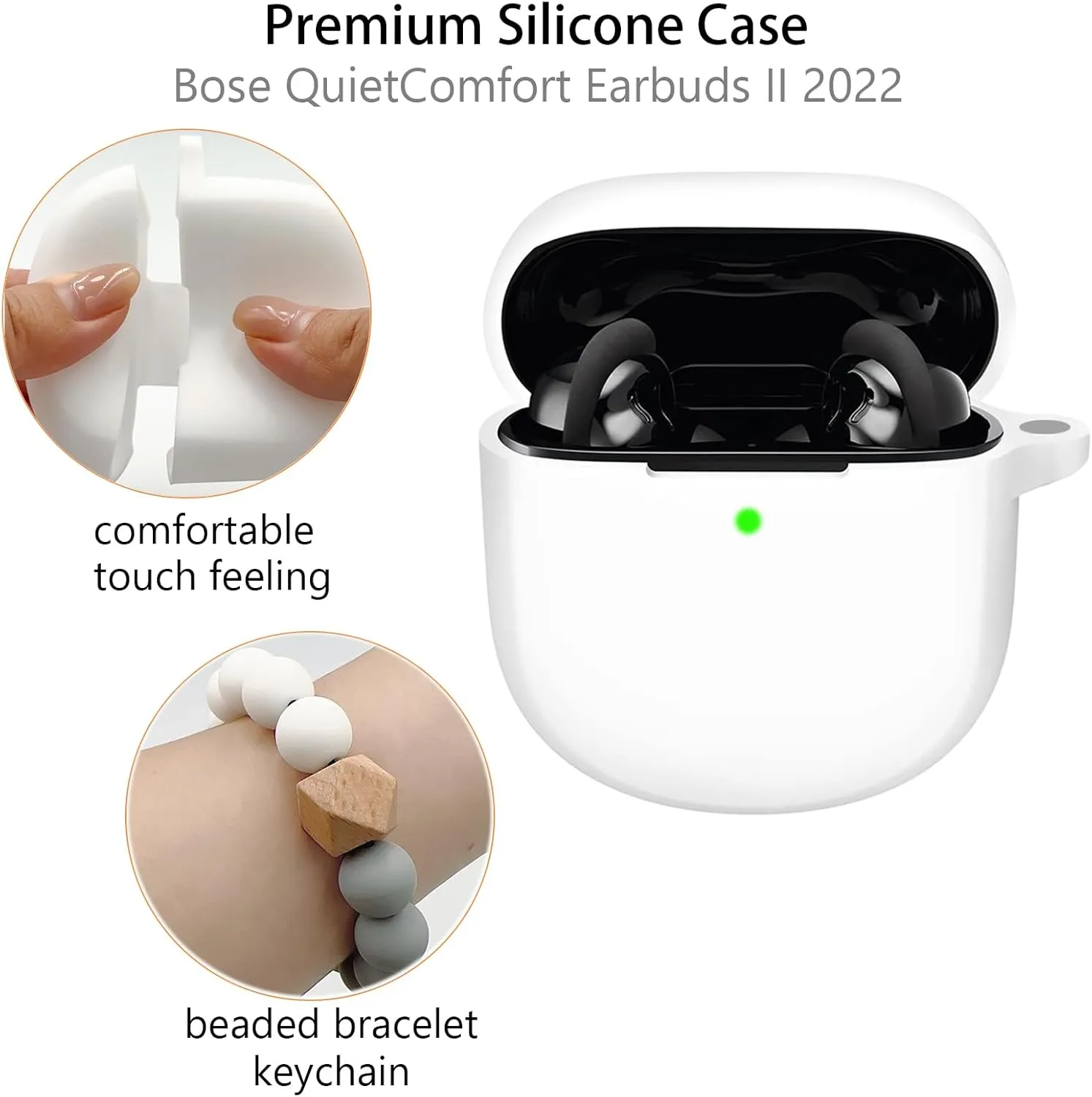 Case Cover Compatible with Bose QuietComfort Earbuds II, Protective Silicone Exterior, Bose Wireless Bluetooth Case Cover,Soft Skin Sleeve with Bracelet Keychain for Convenient Carrying (White)