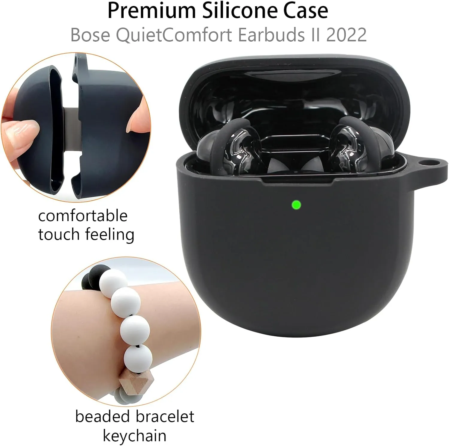 Case Cover Compatible with QuietComfort Earbuds II, Protective Silicone Exterior, Bose Wireless Bluetooth Case Cover,Soft Skin Sleeve with Bracelet Keychain for Convenient Carrying (Black)