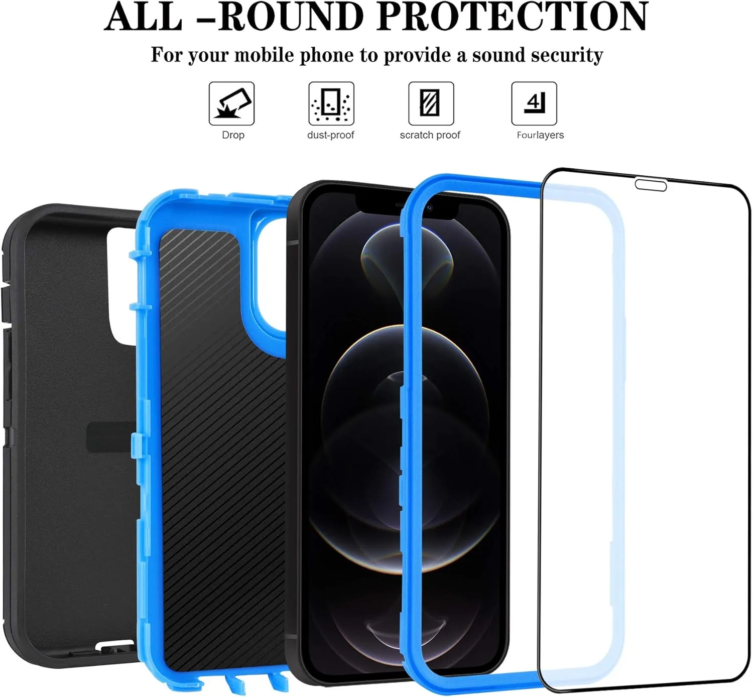 Case for iPhone 12 Pro Max Case 6.7" with 2 Screen Protector, Full Body Rugged Heavy Duty Military Grade Cover, Shockproof Drop-Proof Protection Durable Phone Case (Black Blue)