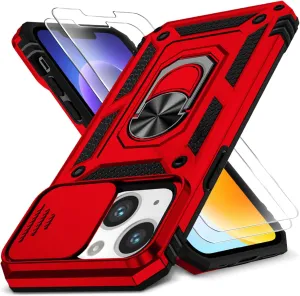 Case for iPhone 14/13 6.1-Inch with Slide Camera Cover   Screen Protector(2 Packs), Military Grade Shockproof Protective, Heavy Duty, Durable Phone Case with Ring Kickstand (B - Red)