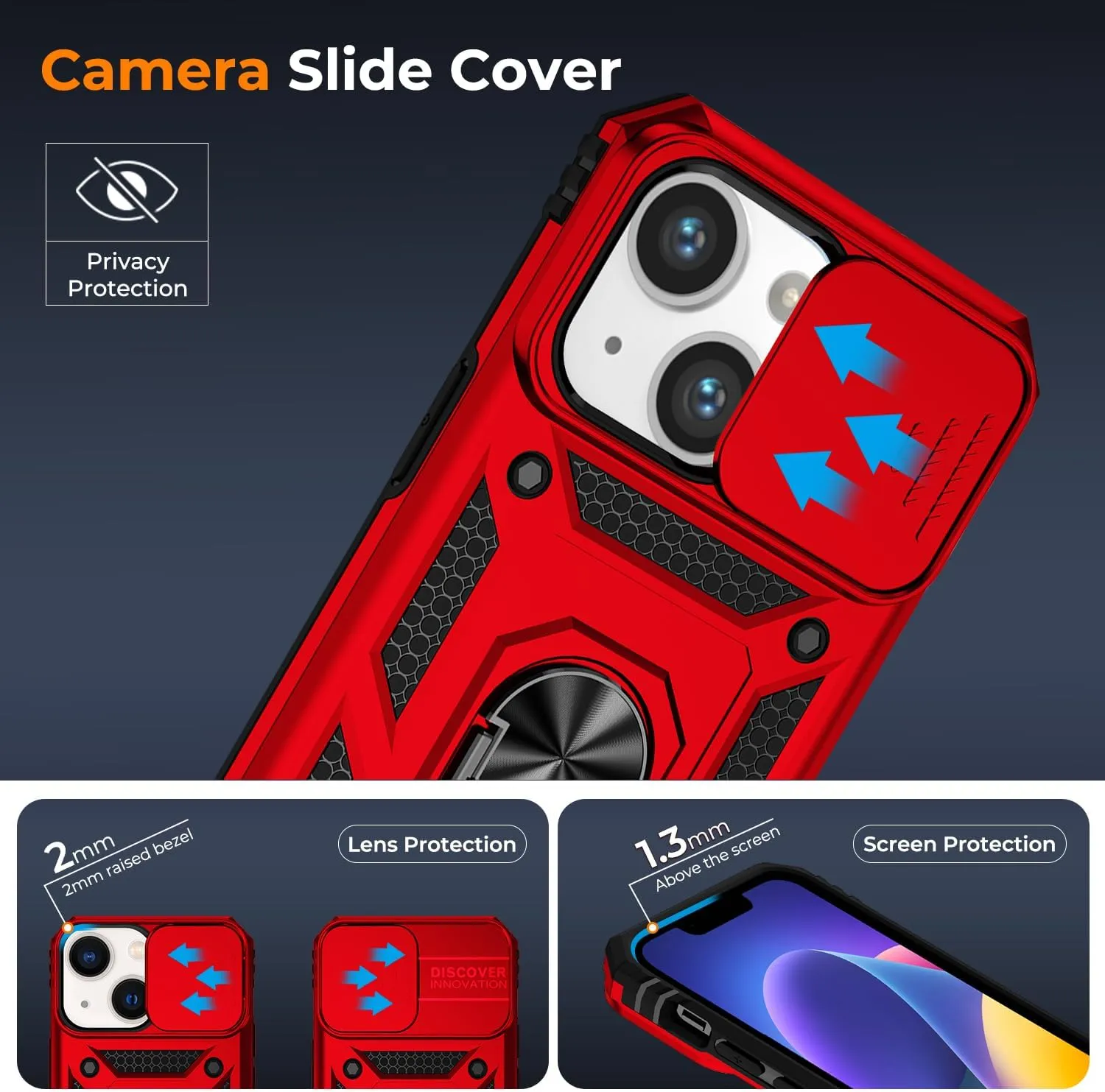 Case for iPhone 14/13 6.1-Inch with Slide Camera Cover   Screen Protector(2 Packs), Military Grade Shockproof Protective, Heavy Duty, Durable Phone Case with Ring Kickstand (B - Red)