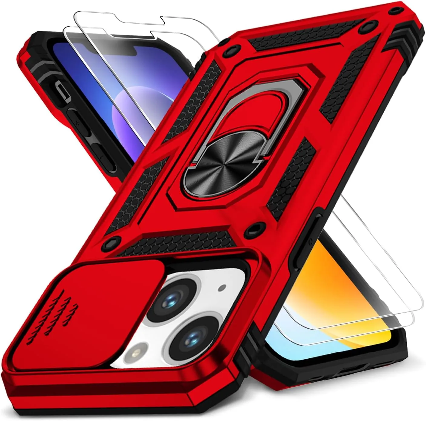 Case for iPhone 14/13 6.1-Inch with Slide Camera Cover   Screen Protector(2 Packs), Military Grade Shockproof Protective, Heavy Duty, Durable Phone Case with Ring Kickstand (B - Red)
