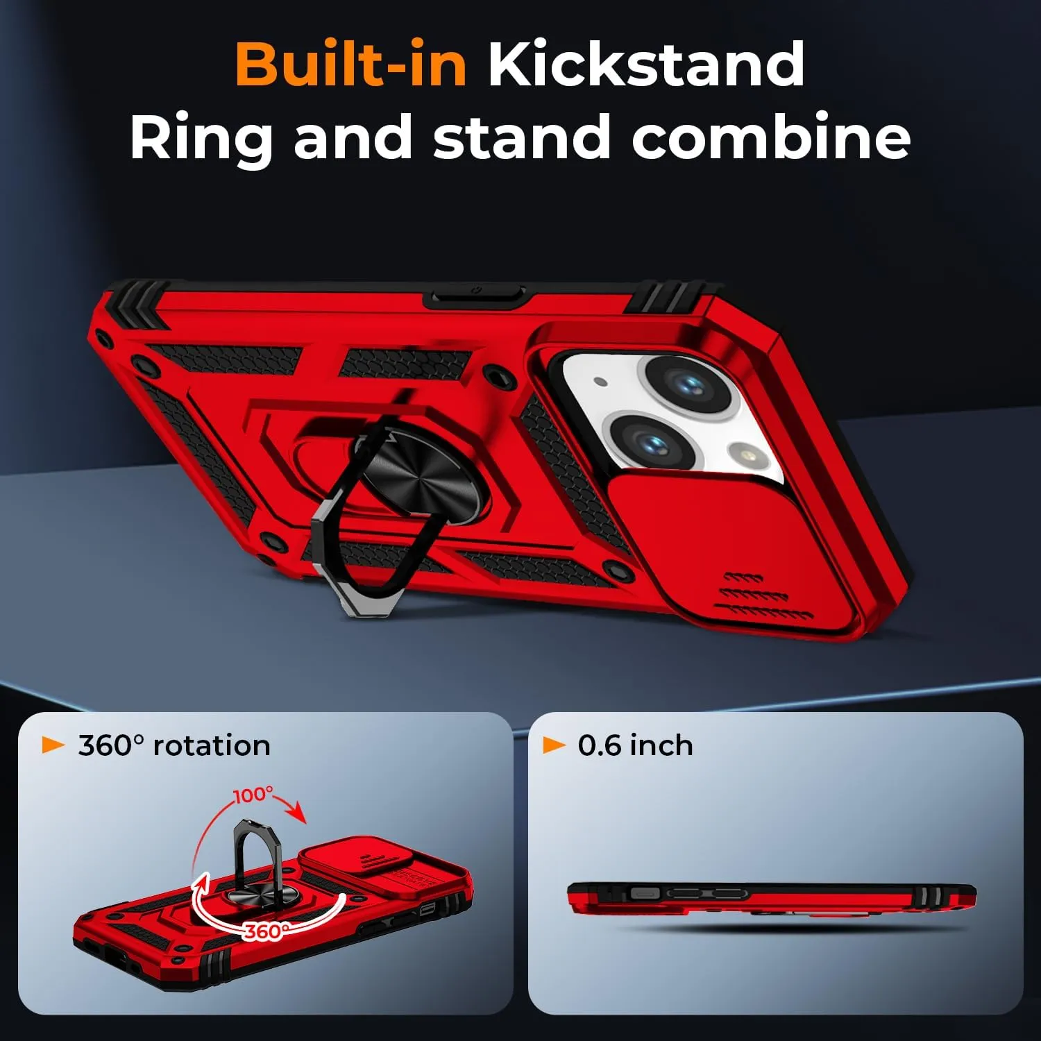 Case for iPhone 14/13 6.1-Inch with Slide Camera Cover   Screen Protector(2 Packs), Military Grade Shockproof Protective, Heavy Duty, Durable Phone Case with Ring Kickstand (B - Red)