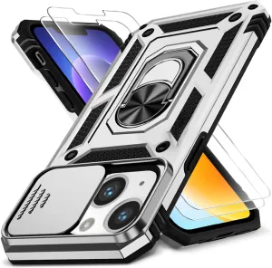 Case for iPhone 14/13 6.1-Inch with Slide Camera Cover   Screen Protector(2 Packs), Military Grade Shockproof Protective, Heavy Duty, Durable Phone Case with Ring Kickstand (B - Silver)