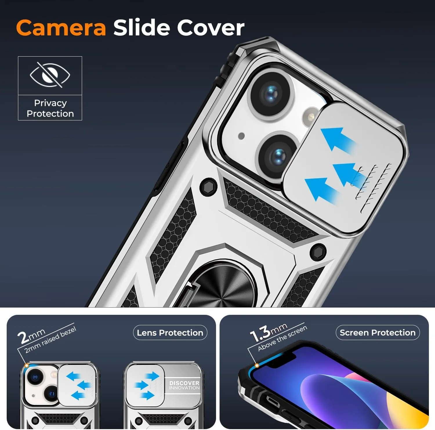 Case for iPhone 14/13 6.1-Inch with Slide Camera Cover   Screen Protector(2 Packs), Military Grade Shockproof Protective, Heavy Duty, Durable Phone Case with Ring Kickstand (B - Silver)