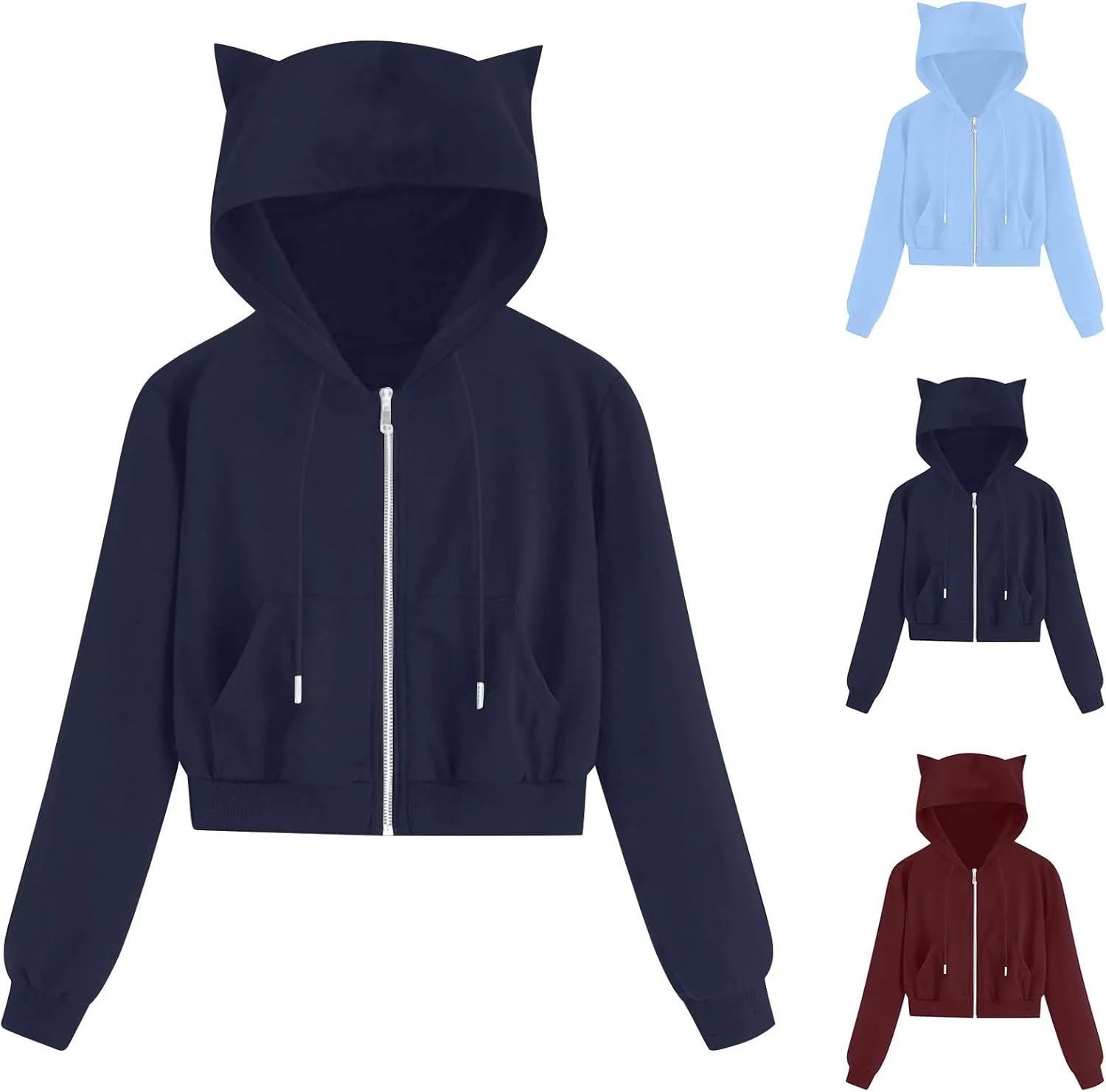 Cat Ear Hoodie Preppy Sweatshirt Womens SOlid Color Zipper Hooded Coats Pullover Long Sleeves Short Outwear Fall