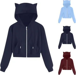 Cat Ear Hoodie Preppy Sweatshirt Womens SOlid Color Zipper Hooded Coats Pullover Long Sleeves Short Outwear Fall