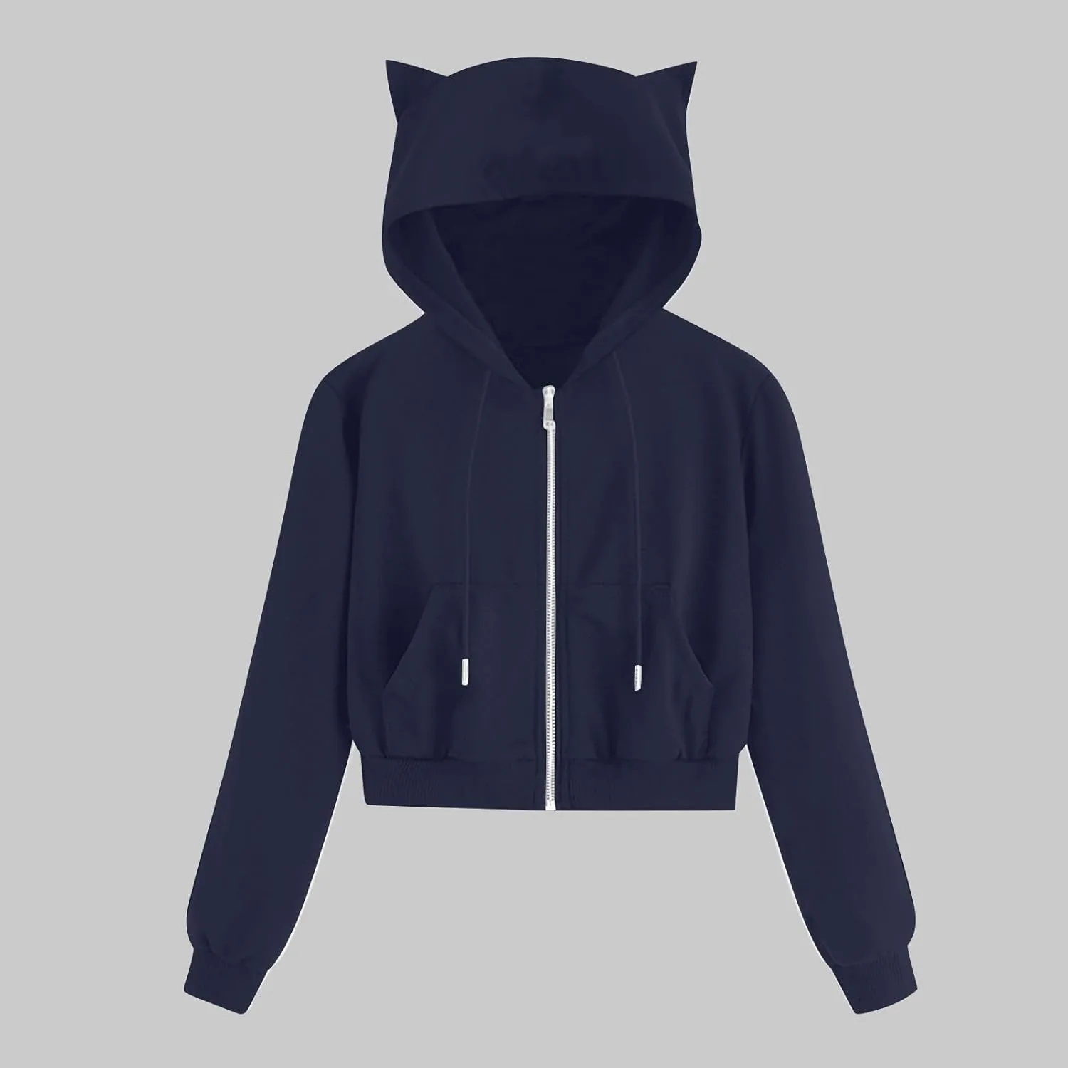 Cat Ear Hoodie Preppy Sweatshirt Womens SOlid Color Zipper Hooded Coats Pullover Long Sleeves Short Outwear Fall