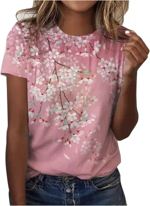 Ceboyel Women Short Sleeve Casual Blouse Floral Print Summer T Shirts Cute Graphic Loose Tees Tops Trendy Ladies Clothing