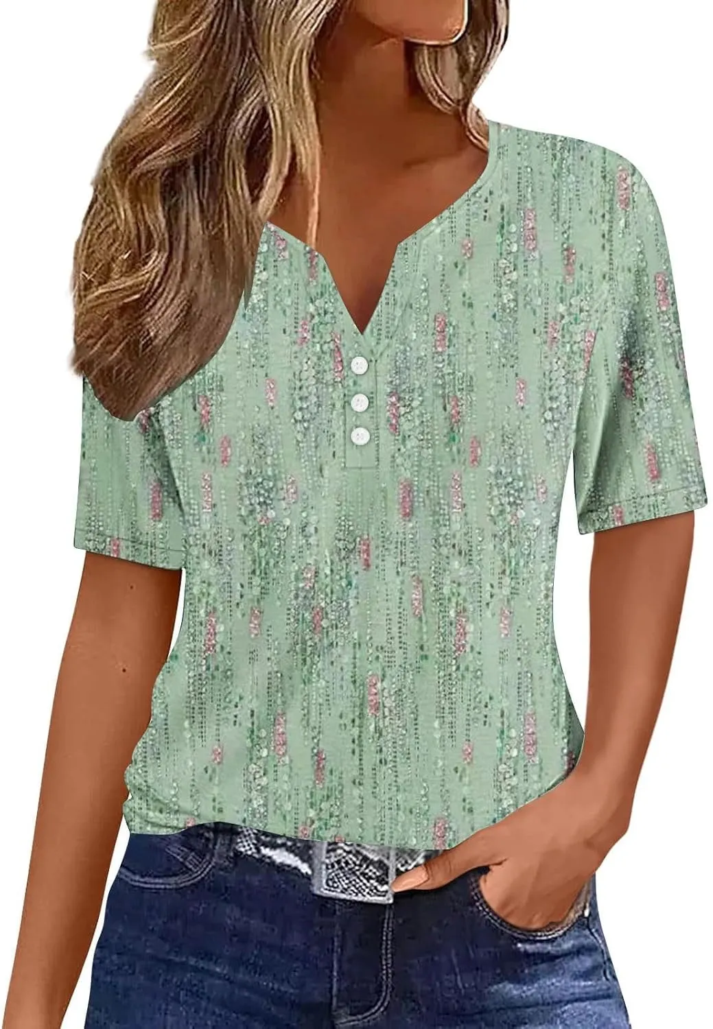 Ceboyel Womens Floral Print Summer Tops 2024 Dressy Causal Blouses Short Sleeve Henley Shirts Trendy Ladies Clothes