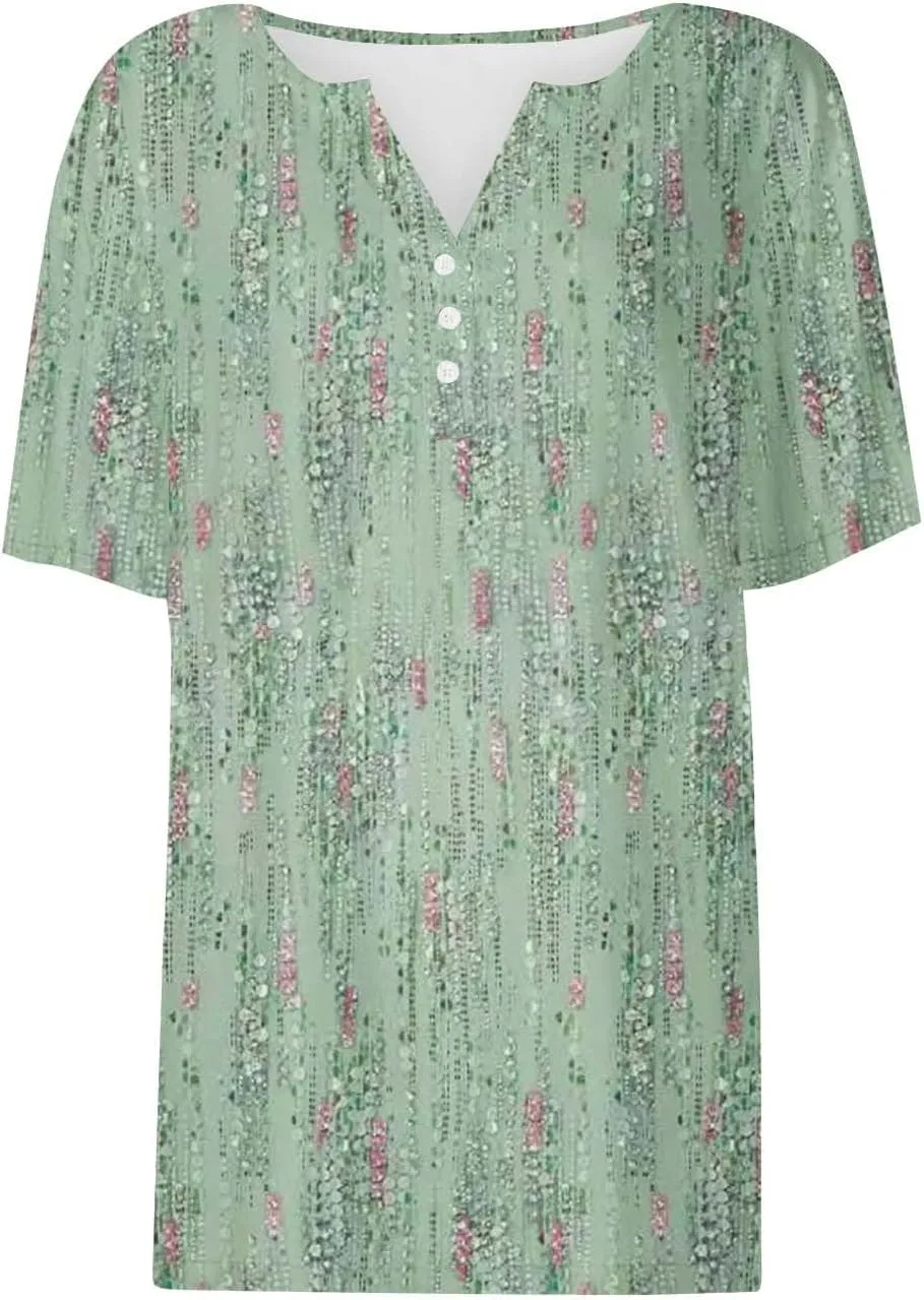 Ceboyel Womens Floral Print Summer Tops 2024 Dressy Causal Blouses Short Sleeve Henley Shirts Trendy Ladies Clothes