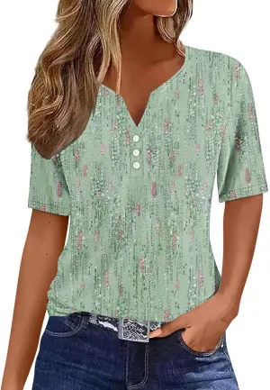 Ceboyel Womens Floral Print Summer Tops 2024 Dressy Causal Blouses Short Sleeve Henley Shirts Trendy Ladies Clothes