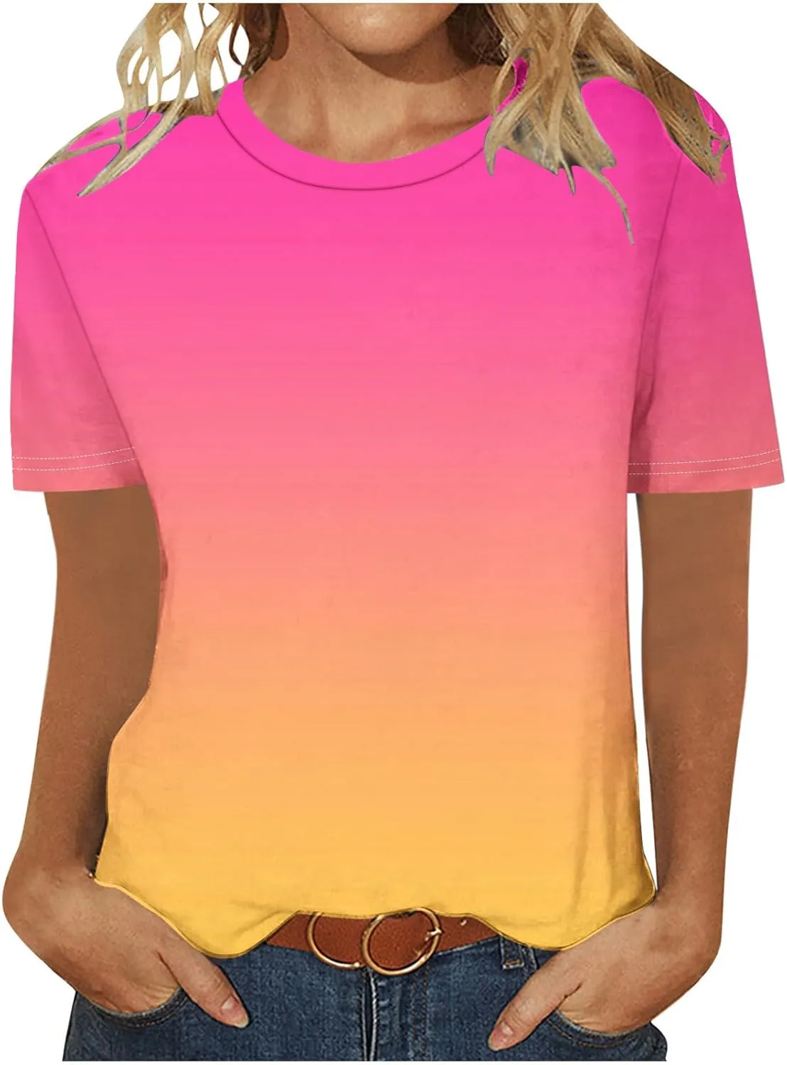 Ceboyel Womens Ombre Color Summer Tops Short Sleeve Tee Shirts Dressy Causal Cute Tshirts 2024 Trendy Vacation Clothes