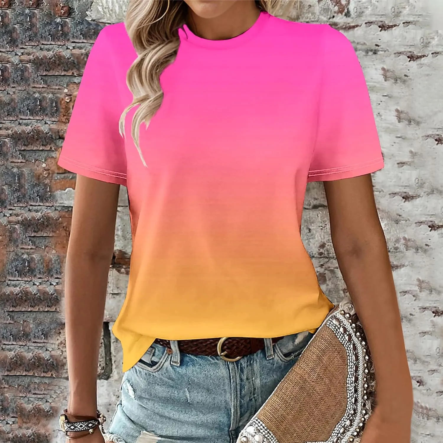 Ceboyel Womens Ombre Color Summer Tops Short Sleeve Tee Shirts Dressy Causal Cute Tshirts 2024 Trendy Vacation Clothes