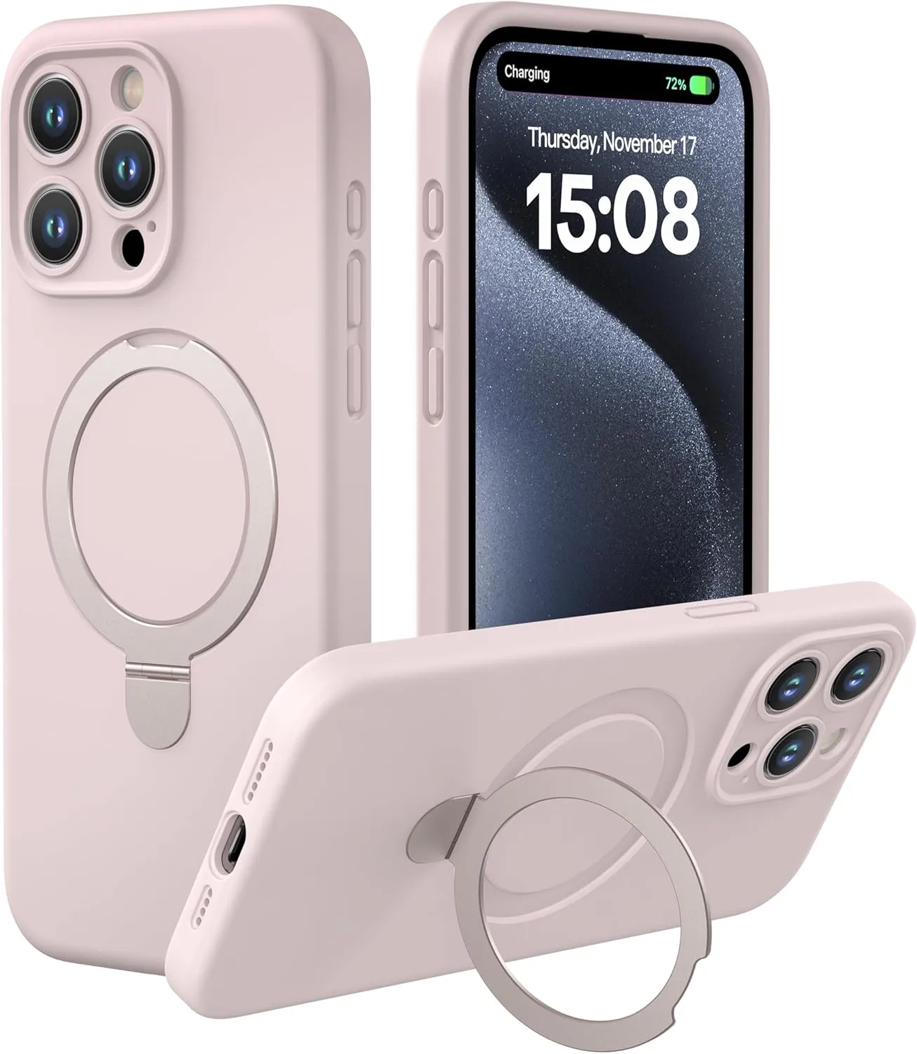 CellEver Strong Magnetic Case for iPhone 15 Pro [for MagSafe Charging] [Camera Protection] Heavy-Duty Protection, Soft Grip Silicone Cover with Kickstand, Chalk Pink