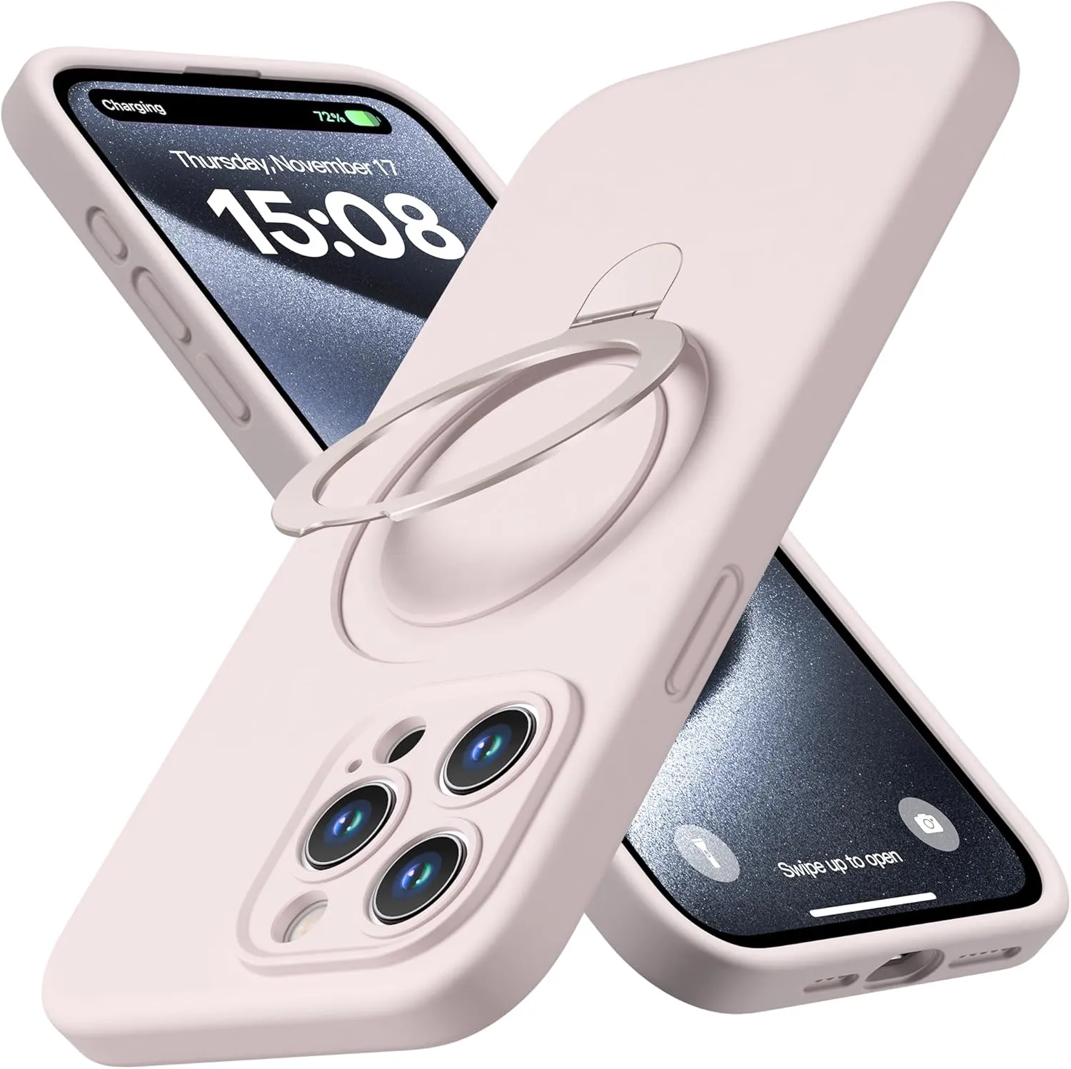 CellEver Strong Magnetic Case for iPhone 15 Pro [for MagSafe Charging] [Camera Protection] Heavy-Duty Protection, Soft Grip Silicone Cover with Kickstand, Chalk Pink
