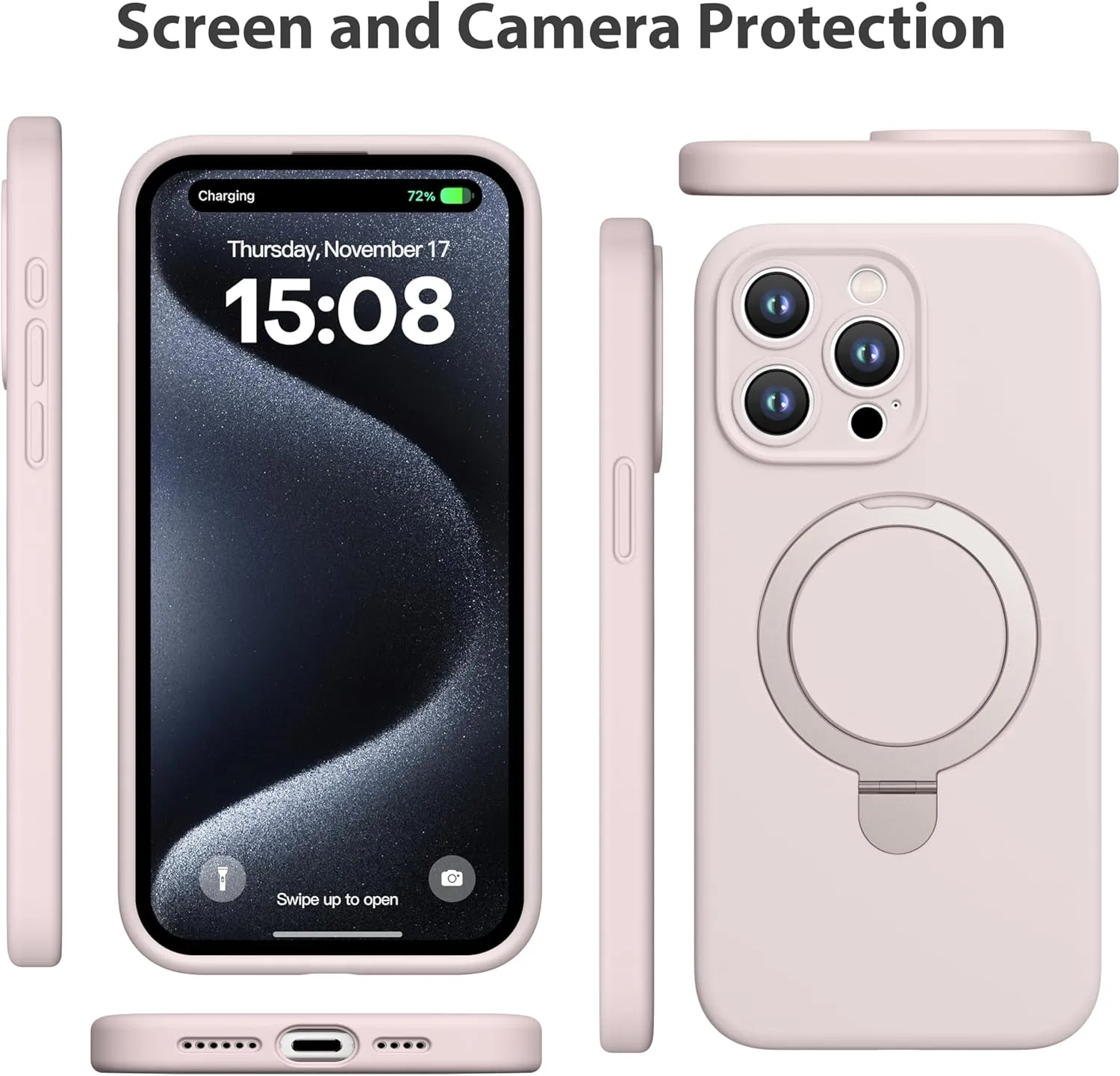 CellEver Strong Magnetic Case for iPhone 15 Pro [for MagSafe Charging] [Camera Protection] Heavy-Duty Protection, Soft Grip Silicone Cover with Kickstand, Chalk Pink