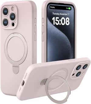 CellEver Strong Magnetic Case for iPhone 15 Pro [for MagSafe Charging] [Camera Protection] Heavy-Duty Protection, Soft Grip Silicone Cover with Kickstand, Chalk Pink