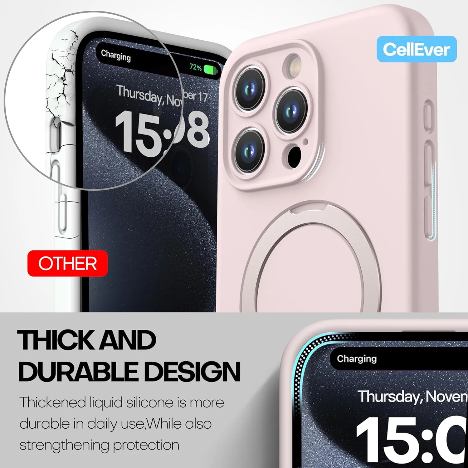 CellEver Strong Magnetic Case for iPhone 15 Pro [for MagSafe Charging] [Camera Protection] Heavy-Duty Protection, Soft Grip Silicone Cover with Kickstand, Chalk Pink