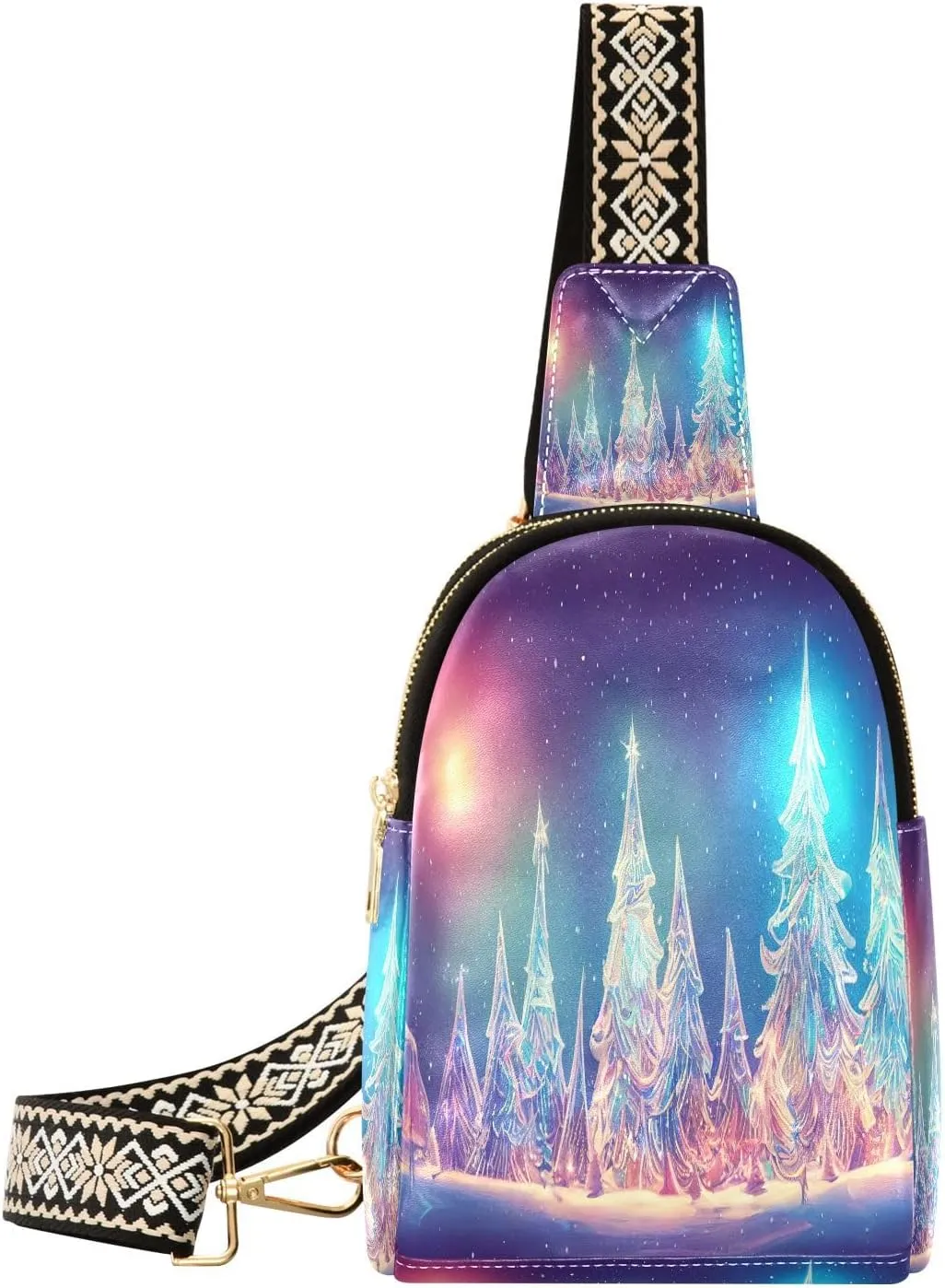 Christmas Frozen Tree Fanny Pack Crossbody PC Leather Small Sling Bag for Women Winter Holiday Fashion Waist Packs Chest Bag for Travel Sports Running Hiking