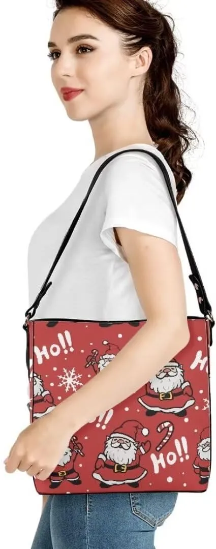 Christmas Leather Tote Bucket Bag for Women Fashion Shoulder Handbag Large Hobo Bags with Pockets and Magnetic Snap