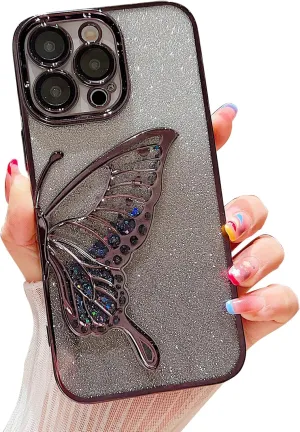 Chrome Case for Women/Girls, Gradient Glitter Butterfly Quicksand Plating Clear Phone Cases for iPhone Compatible with iPhone 16, Black