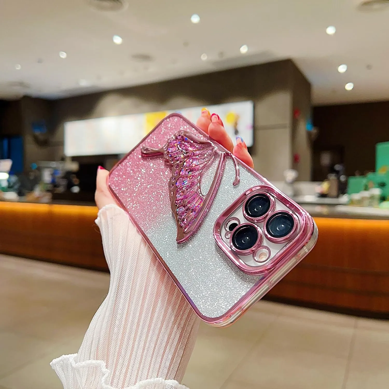 Chrome Case for Women/Girls, Gradient Glitter Butterfly Quicksand Plating Clear Phone Cases for iPhone Compatible with iPhone 16, Black
