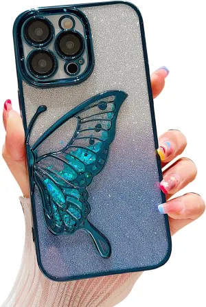 Chrome Case for Women/Girls, Gradient Glitter Butterfly Quicksand Plating Clear Phone Cases for iPhone Compatible with iPhone 16, Blue