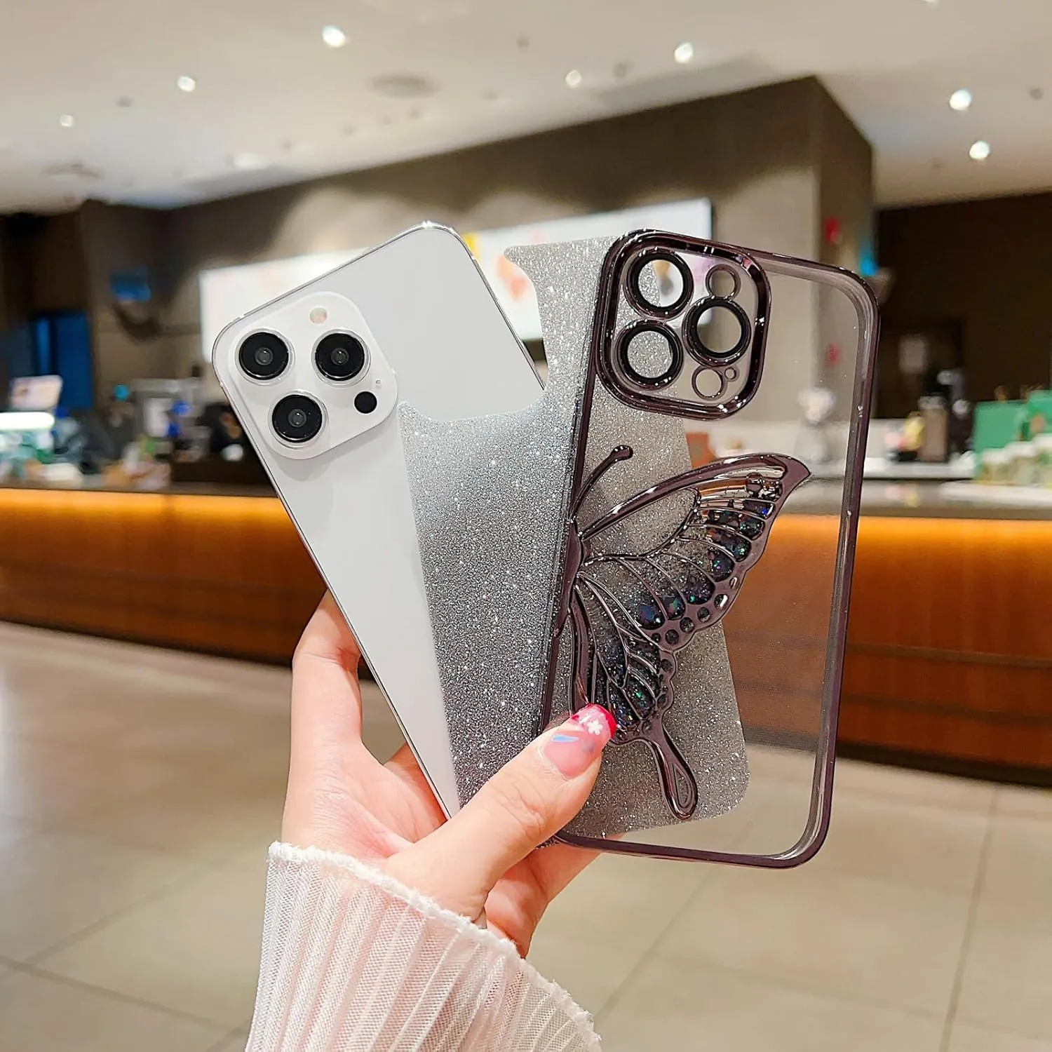 Chrome Case for Women/Girls, Gradient Glitter Butterfly Quicksand Plating Clear Phone Cases for iPhone Compatible with iPhone 16, Blue