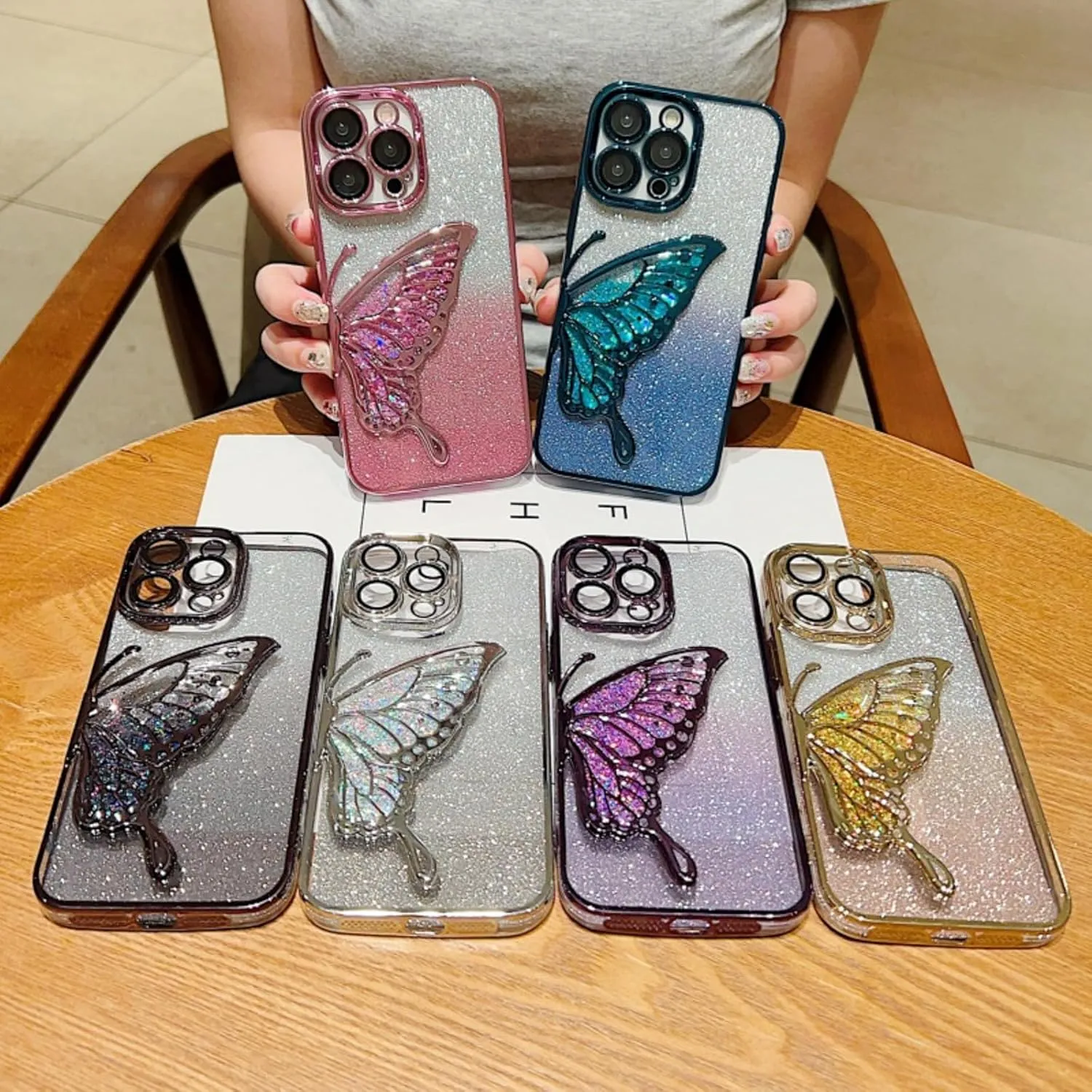Chrome Case for Women/Girls, Gradient Glitter Butterfly Quicksand Plating Clear Phone Cases for iPhone Compatible with iPhone 16, Blue