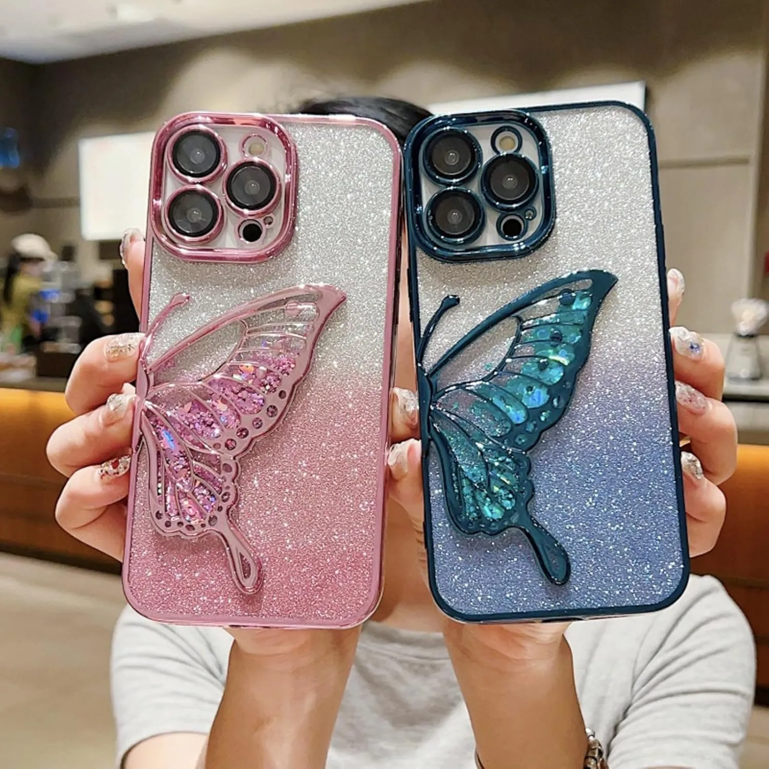 Chrome Case for Women/Girls, Gradient Glitter Butterfly Quicksand Plating Clear Phone Cases for iPhone Compatible with iPhone 16, Blue