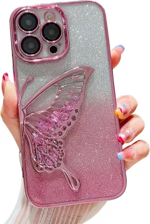 Chrome Case for Women/Girls, Gradient Glitter Butterfly Quicksand Plating Clear Phone Cases for iPhone Compatible with iPhone 16, Pink