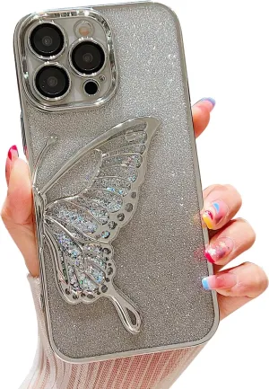 Chrome Case for Women/Girls, Gradient Glitter Butterfly Quicksand Plating Clear Phone Cases for iPhone Compatible with iPhone 16, Silver