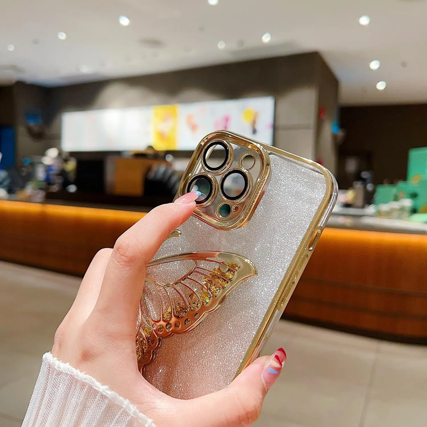 Chrome Case for Women/Girls, Gradient Glitter Butterfly Quicksand Plating Clear Phone Cases for iPhone Compatible with iPhone 16, Silver