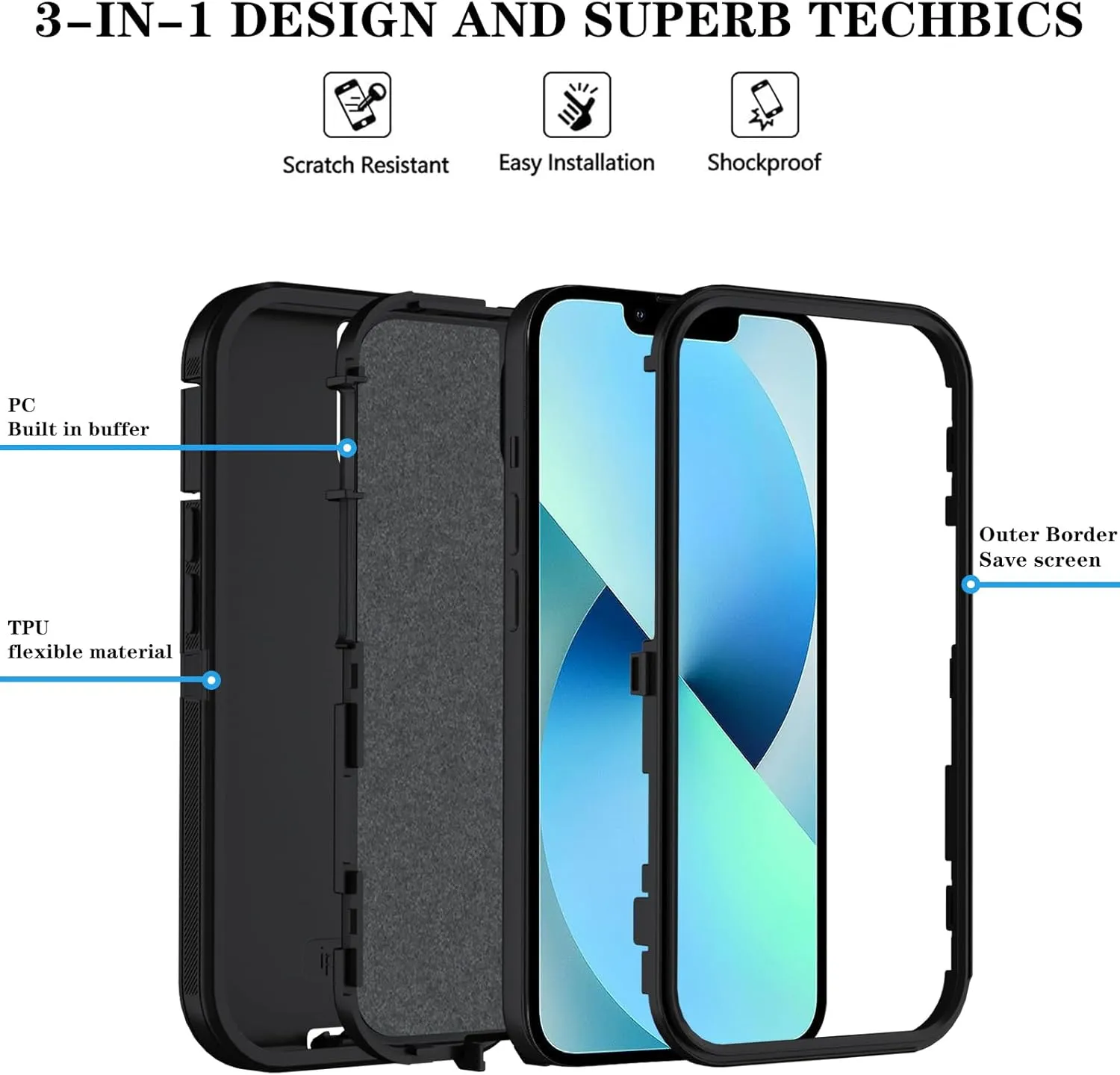 Compatible with iPhone 13/14 Case with HD Screen Protector, Heavy Duty Shockproof & DustProof & Dropproof 3-Layer Cover Phone Case (Black)