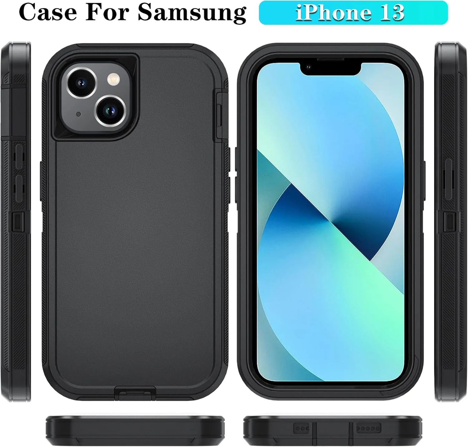 Compatible with iPhone 13/14 Case with HD Screen Protector, Heavy Duty Shockproof & DustProof & Dropproof 3-Layer Cover Phone Case (Black)