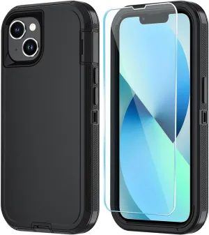 Compatible with iPhone 13/14 Case with HD Screen Protector, Heavy Duty Shockproof & DustProof & Dropproof 3-Layer Cover Phone Case (Black)