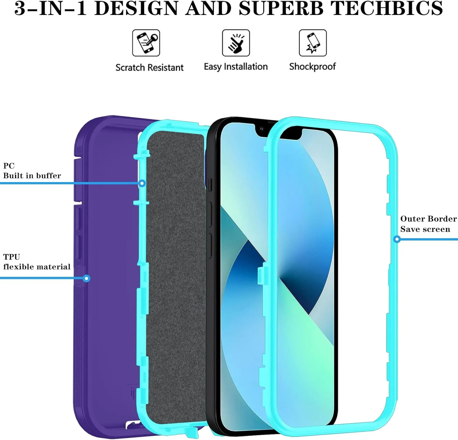 Compatible with iPhone 13/14 Case with HD Screen Protector, Heavy Duty Shockproof & DustProof & Dropproof 3-Layer Cover Phone Case (PurpleSkyBlue)