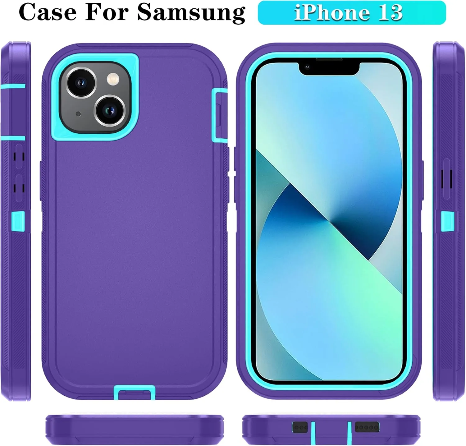 Compatible with iPhone 13/14 Case with HD Screen Protector, Heavy Duty Shockproof & DustProof & Dropproof 3-Layer Cover Phone Case (PurpleSkyBlue)