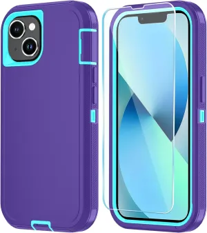 Compatible with iPhone 13/14 Case with HD Screen Protector, Heavy Duty Shockproof & DustProof & Dropproof 3-Layer Cover Phone Case (PurpleSkyBlue)