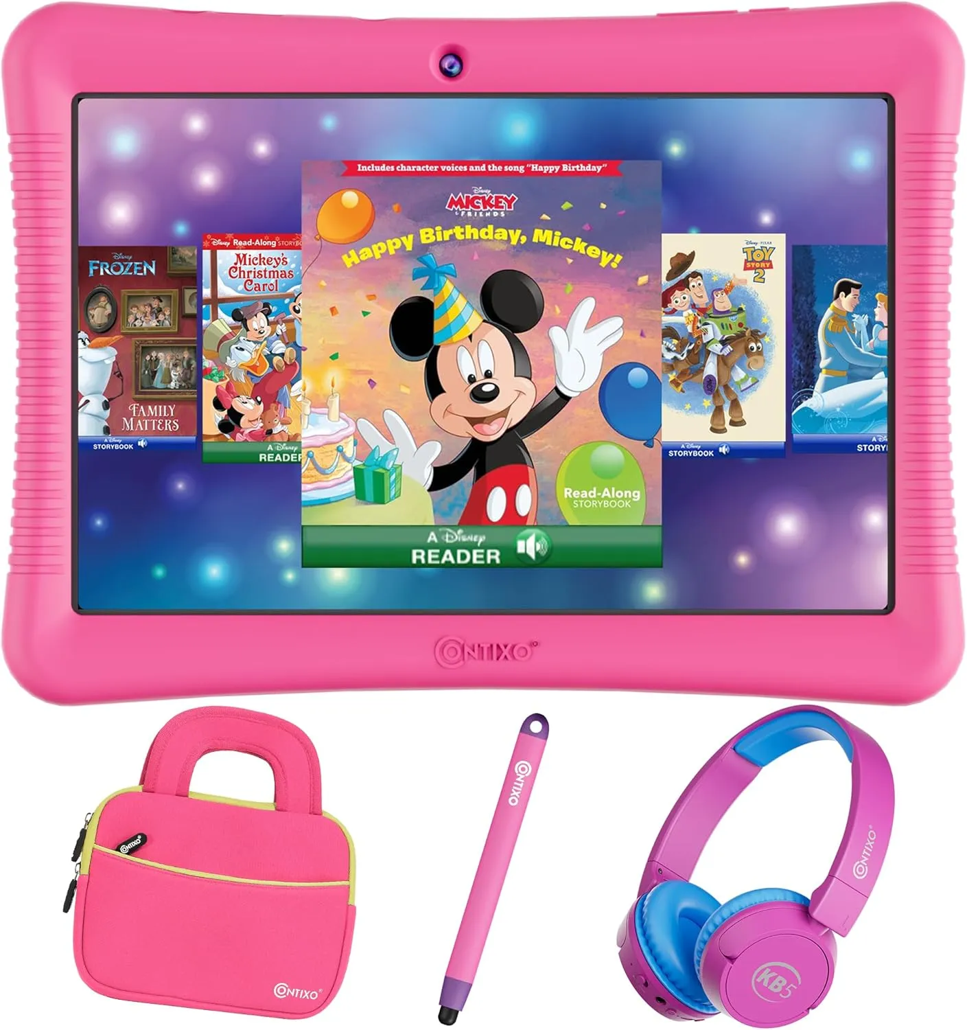 Contixo 10" Android Kids Tablet Bundle - 32GB, 80  Disney Storybooks ($350 Value), Parental Controls, Kid-Proof Case w/Kickstand & Stylus, Headphones & Sleeve Bag - Pink