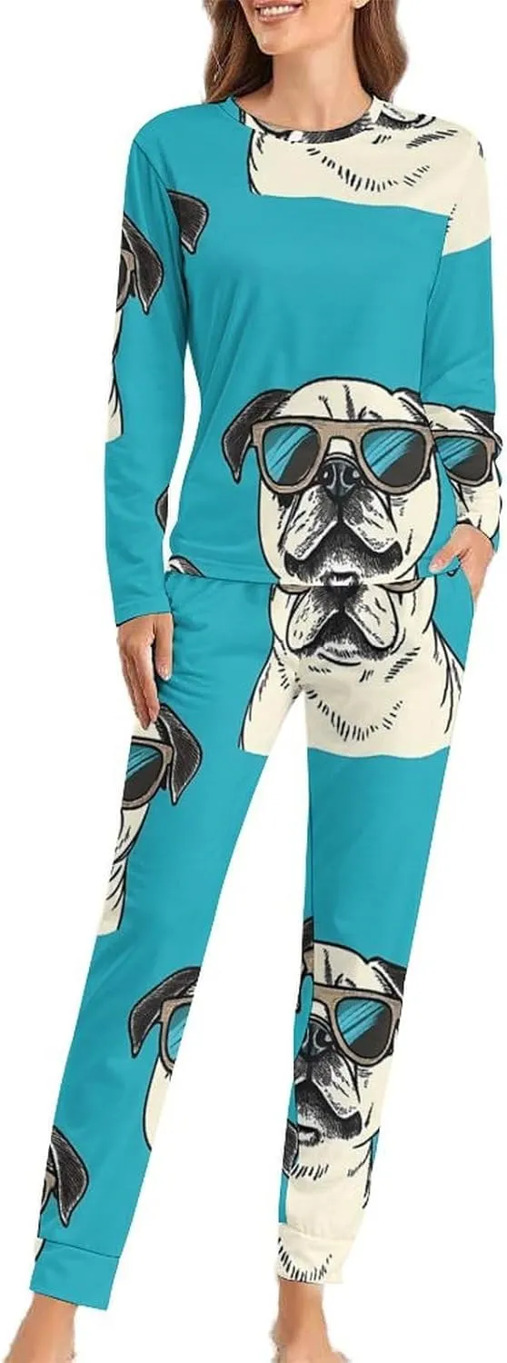 Cool Pug Dogs Pajama Sets for Women 2 Piece Long Sleeve Top And Pants Soft Sleepwear Loungewear Set