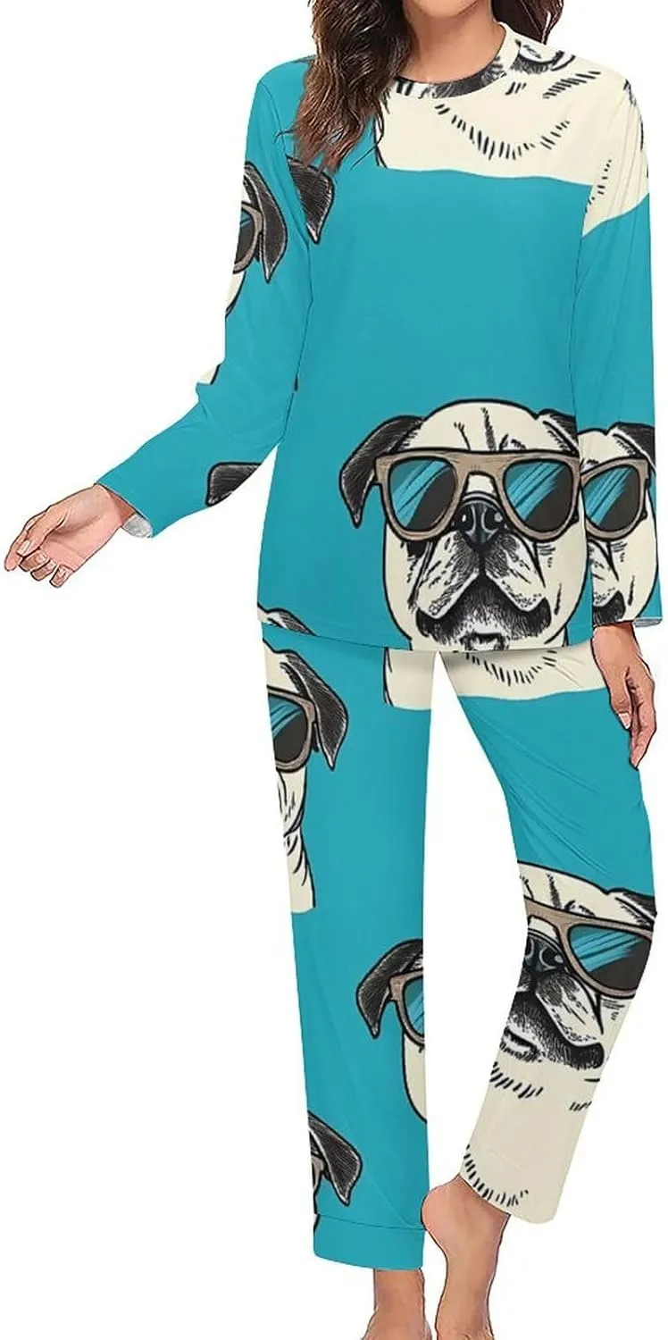 Cool Pug Dogs Pajama Sets for Women 2 Piece Long Sleeve Top And Pants Soft Sleepwear Loungewear Set