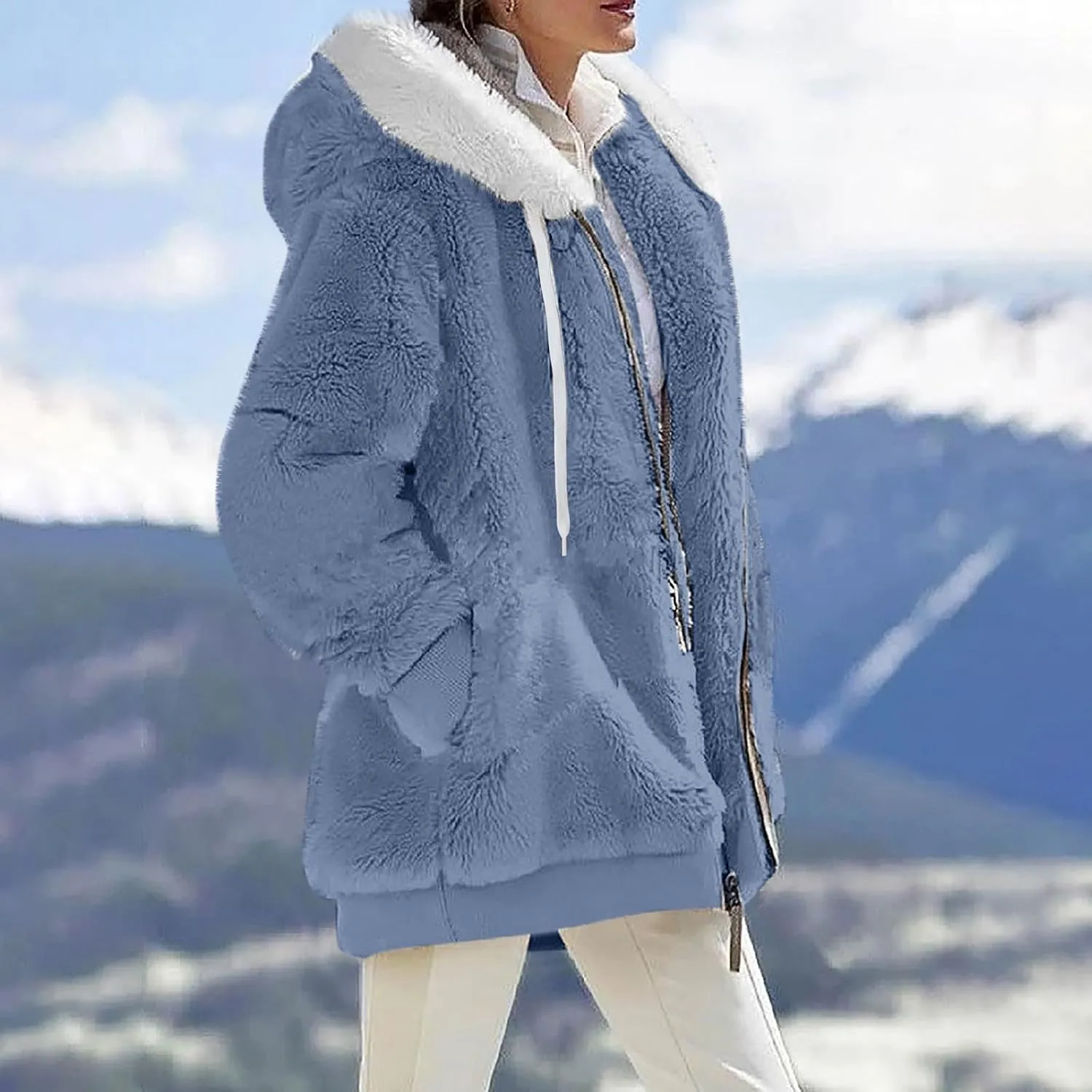 COTECRAM Winter Coats for Women 2023 Casual Plus Size Fleece Jacket Color Block Zip Up Hoodies Coat Outwear with Pockets